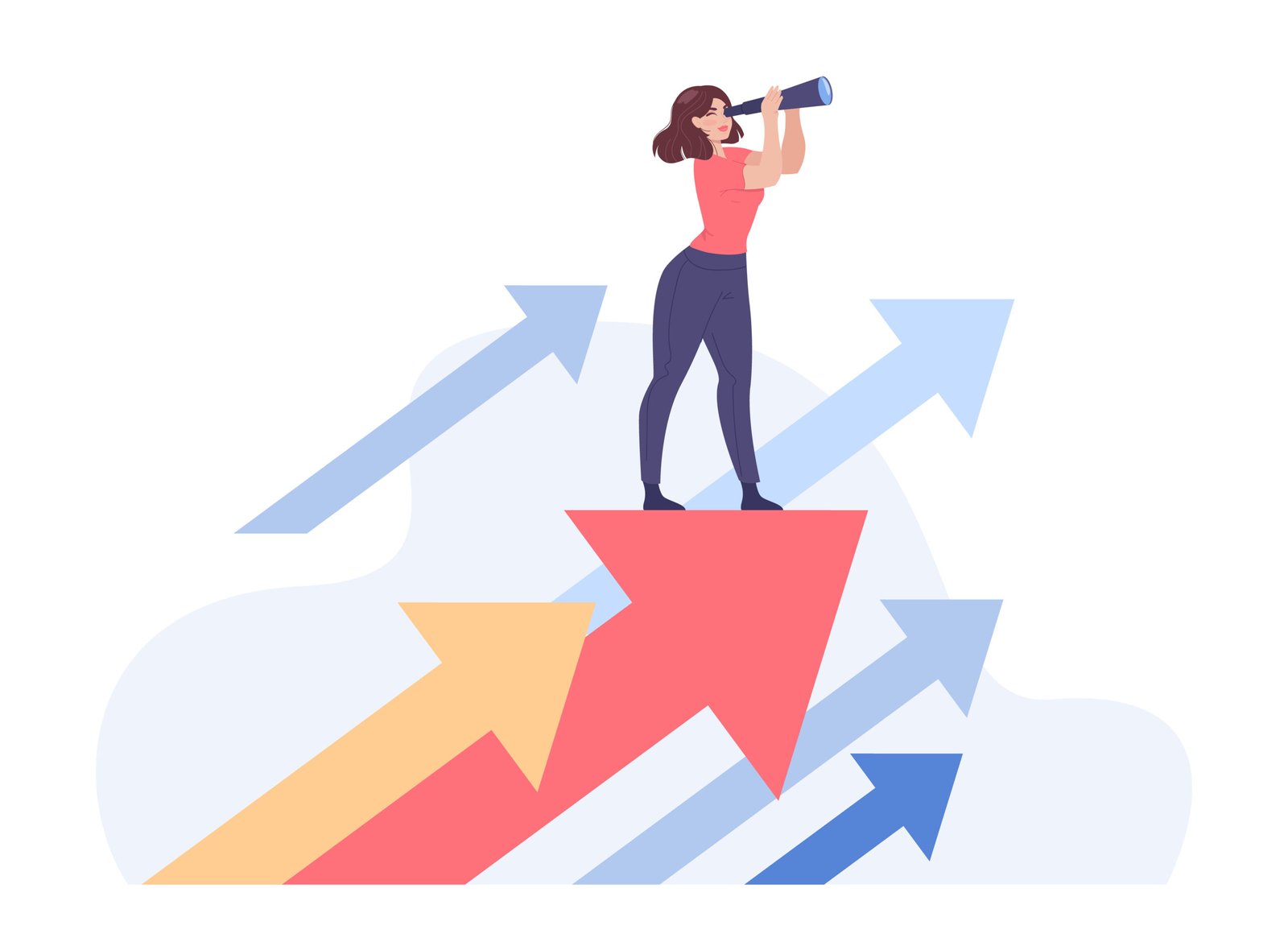 Girl standing on growing arrows and looking through binoculars Girl standing on growing arrows and looking through binoculars. Woman searching for opportunity or job flat vector illustration. Business strategy, goal, pathway, career concept